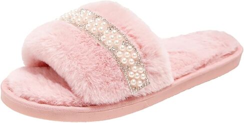 Faux Fur Pearl Embellished Slide Slippers Plush Open Toe House Shoes Indoor Outdoor Comfy Slip On Sandals For Women Stylish Fuzzy Footwear in Kuwait