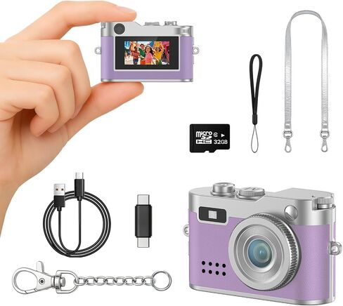 Mini Retro Camera with 1080P Video, 2MP Photos, Keychain Digital Camera, Ultra-Compact Tiny Camera with 32GB SD Card, OTG Adapter, Vintage Little Cameras for Travel, Daily Vlogging, Ideal Gift, Brown in Kuwait