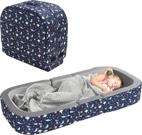 2-in-1 Foldable Toddler Travel Bed with Soft Foam Safety Rails | Designed for Kids 25–48 Months with Washable Cover,Easy Setup,Portable Floor Bed for Grandparents' House,Camping,Hotel Stays in Kuwait
