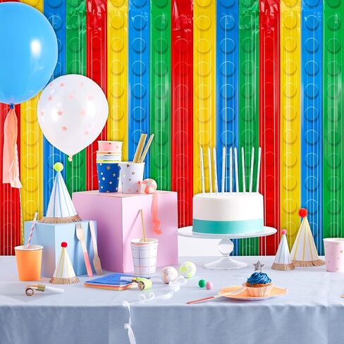 2Pack Building Block Foil Fringe Backdrop Building Block Party Decorations | 3.3X6.6Ft Foil Fringe Backdrop,Rainbow Tinsel Backdrop,Self Adhesive Streamer,Birthday Party Decor Favors,Photo Prop Supplies in Kuwait