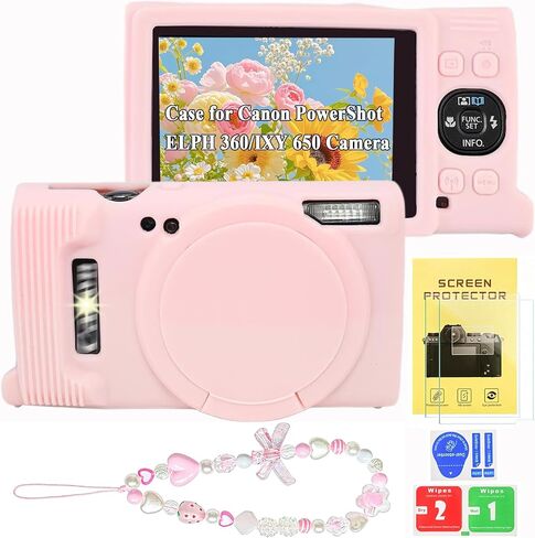 Case for Canon PowerShot ELPH 360/IXY 650 with 2 Screen Protector and 1 Charm Wrist Strap Accessories, Soft Silicone Digital Camera Protector Case with Lens Cover in Kuwait
