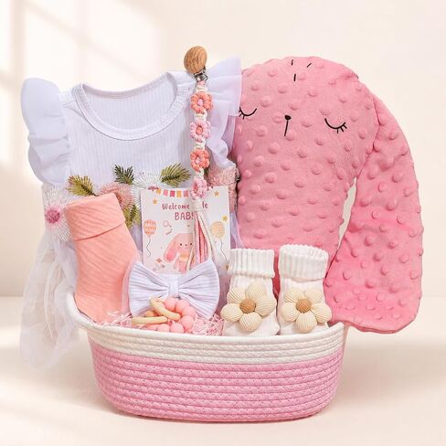 Baby Girl Gifts Basket – Newborn Baby Girl Essentials Set with Dress Pink Bunny Comfort Toy,Pacifier Clip,Baby Socks,Bib,Baby Shower Gifts for Girls in Kuwait