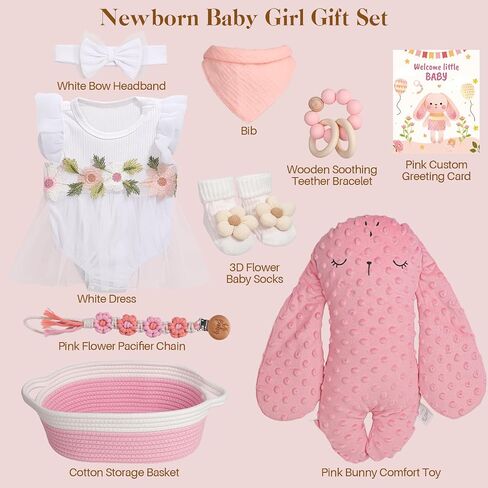 Baby Girl Gifts Basket – Newborn Baby Girl Essentials Set with Dress Pink Bunny Comfort Toy,Pacifier Clip,Baby Socks,Bib,Baby Shower Gifts for Girls in Kuwait