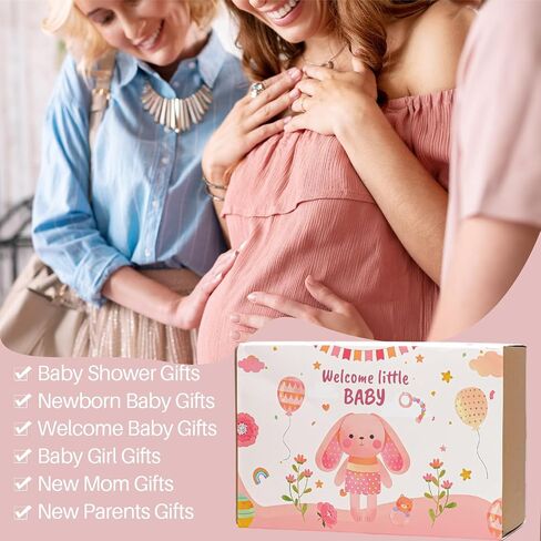 Baby Girl Gifts Basket – Newborn Baby Girl Essentials Set with Dress Pink Bunny Comfort Toy,Pacifier Clip,Baby Socks,Bib,Baby Shower Gifts for Girls in Kuwait
