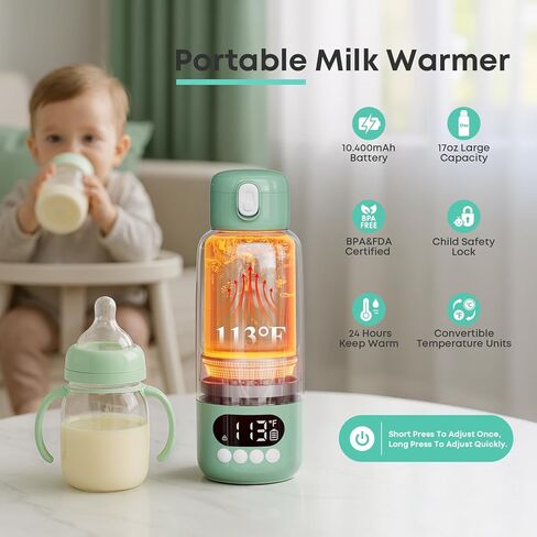 Portable Bottle Warmer 17oz Fast Heating in 2 Mins, 6 Temp Settings + Keep Warm, Built-in Sterilizer, for Breastmilk & Formula, Travel & Outdoor Use White in Kuwait