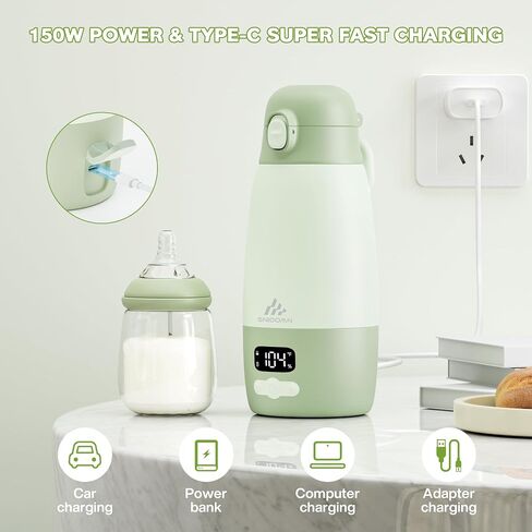 Portable Bottle Warmer for Travel, Baby Breastmilk & Formula Warmer | 4000mAh Battery, 2-Min Fast Heating, 89–212°F Temperature Control, 17.8oz Capacity, Type-C Charging and Constant Warm Mode in Kuwait