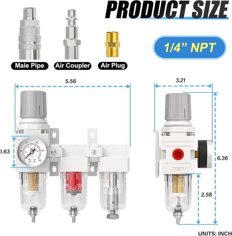MEANLIN 1/4" NPT 3 Stage Aluminium Air Drying System with 150PSI Gauge, Coalescing Filter, Particulate Filter, Desiccant Dryer and Air Regulator, Manual Drain For Plasma Cutter and Paint Spray in Kuwait