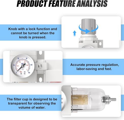 MEANLIN 1/4" NPT 3 Stage Aluminium Air Drying System with 150PSI Gauge, Coalescing Filter, Particulate Filter, Desiccant Dryer and Air Regulator, Manual Drain For Plasma Cutter and Paint Spray in Kuwait