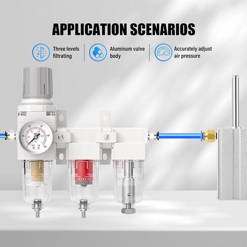 MEANLIN 1/4" NPT 3 Stage Aluminium Air Drying System with 150PSI Gauge, Coalescing Filter, Particulate Filter, Desiccant Dryer and Air Regulator, Manual Drain For Plasma Cutter and Paint Spray in Kuwait