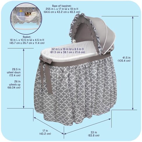 Badger Basket Wishes Rocking Baby Bassinet - Bedside Sleeper with Canopy, Bedding, Foam Pad, Storage Basket, and Flip-Up Rocking Wheels - Heirloom Quality - Gray/Lantern in Saudi Arabia