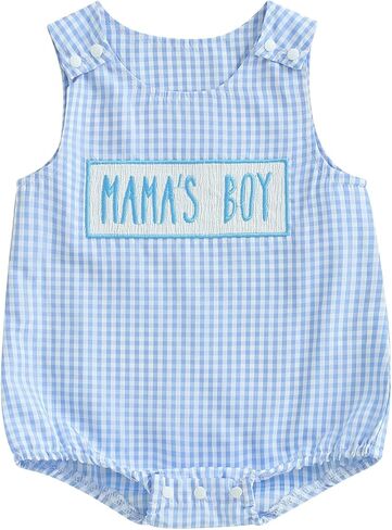 Baby Boy Summer Clothes Mamas Boy Letter Embroidery Bubble Romper Sleeveless Plaid/Camo Bodysuit Casual Outfit in Kuwait