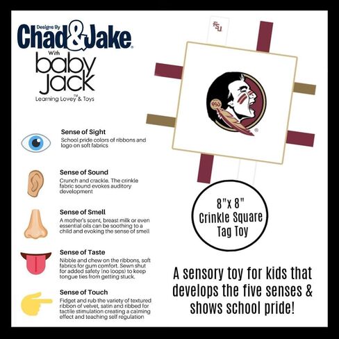 Florida State University Baby Tag Toy - College Baby Sensory Crinkle Toys - Soft & Safe - Ideal Baby Stroller Toy - BPA Free w/Stroller Clip (8" x 8" Tag Toy) in Kuwait