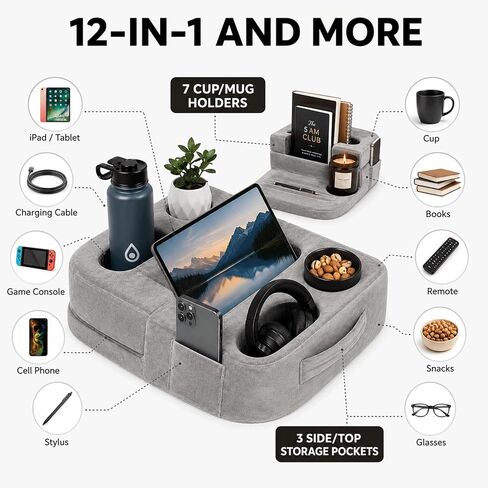 Couch Cup Holder Pillow for Sofa and Bed, 5 Pocket Drink Holder Caddy for Phone, Remote, Tablet and Game Controller, Spill Resistant Cup Holder for Couch, Car, RV and Camping in Kuwait