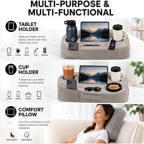 Couch Cup Holder Pillow for Sofa and Bed, 5 Pocket Drink Holder Caddy for Phone, Remote, Tablet and Game Controller, Spill Resistant Cup Holder for Couch, Car, RV and Camping in Kuwait