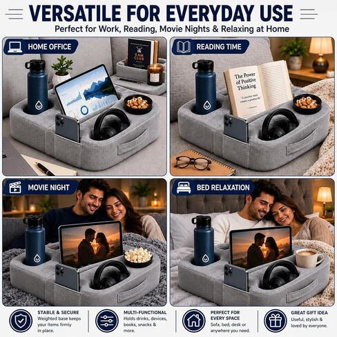 Couch Cup Holder Pillow for Sofa and Bed, 5 Pocket Drink Holder Caddy for Phone, Remote, Tablet and Game Controller, Spill Resistant Cup Holder for Couch, Car, RV and Camping in Kuwait