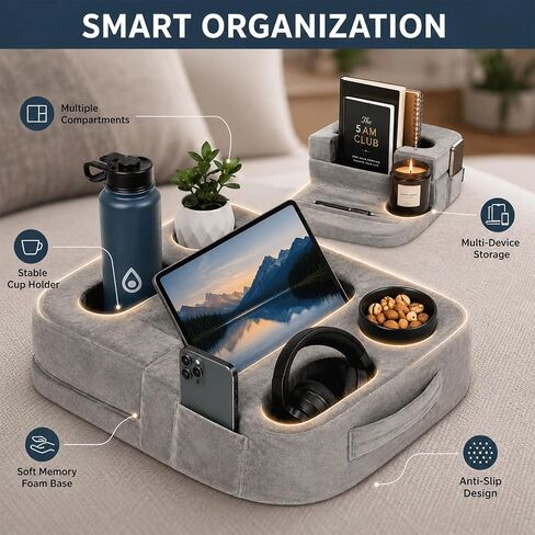 Couch Cup Holder Pillow for Sofa and Bed, 5 Pocket Drink Holder Caddy for Phone, Remote, Tablet and Game Controller, Spill Resistant Cup Holder for Couch, Car, RV and Camping in Kuwait