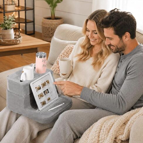 Couch Cup Holder Pillow for Sofa and Bed, 5 Pocket Drink Holder Caddy for Phone, Remote, Tablet and Game Controller, Spill Resistant Cup Holder for Couch, Car, RV and Camping in Kuwait