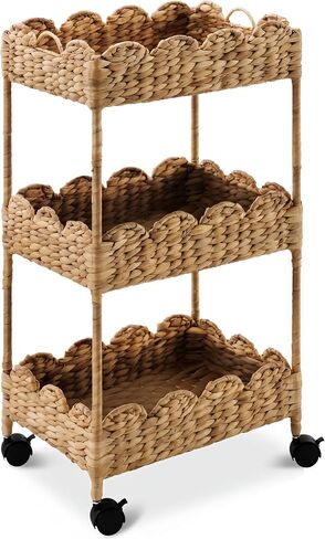 Best Choice Products 3-Tier Scalloped Nursery Caddy w/Wheels, Handwoven Utility Cart, Storage Organization for Bathroom, Craft Room, Laundry Room - Natural in Kuwait