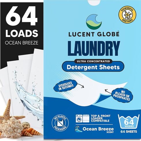 Lucent Globe Laundry Detergent Sheets. Pre-Measured Laundry Sheets. Powerful Stain Removal. Works in All Clothes Washers. (1 Pack - 64 Washes, Ocean Breeze) in Kuwait