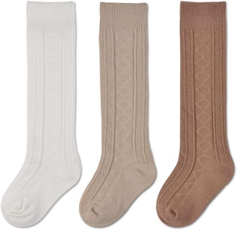 EPEIUS Baby Knee High Socks,Newborn Girls Seamless Stockings Baby Over the Knee Socks Cable Knit Dress Sock 0-6 Months 3 Pack Ivory White Brown Khaki in Kuwait