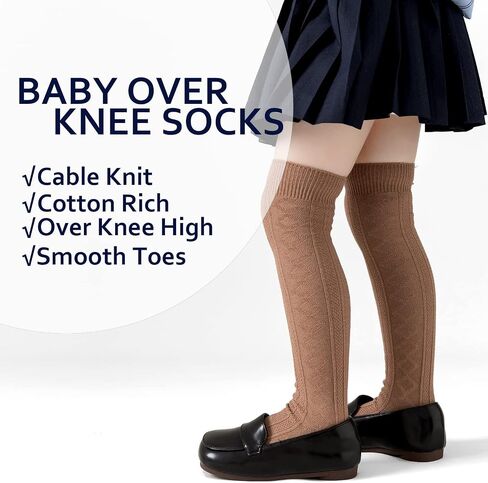 EPEIUS Baby Knee High Socks,Newborn Girls Seamless Stockings Baby Over the Knee Socks Cable Knit Dress Sock 0-6 Months 3 Pack Ivory White Brown Khaki in Kuwait