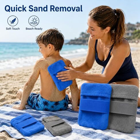 4PCS Beach Sand Removal Bags with Hand Strap, Soft Towel-Like Sand Brush Mitts for Adults and Kids, Talc-Free Beach Accessories for Feet, Legs, Arms, Blue and Gray in Kuwait