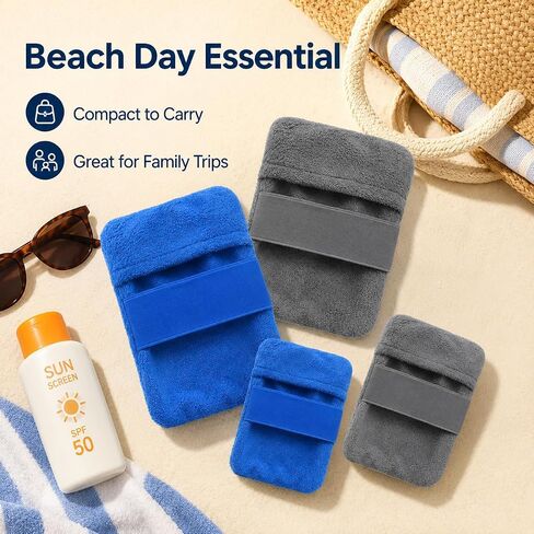 4PCS Beach Sand Removal Bags with Hand Strap, Soft Towel-Like Sand Brush Mitts for Adults and Kids, Talc-Free Beach Accessories for Feet, Legs, Arms, Blue and Gray in Kuwait