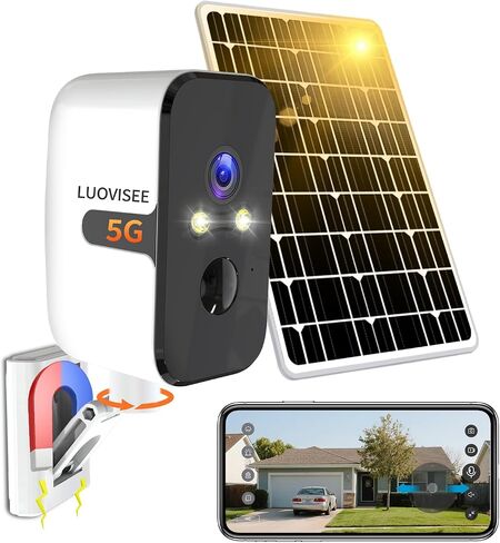 Luovisee 2.4/5G WiFi Cameras for Home Security with Solar Panel,Pan Rotating 180° Magnetic Security Camera Wireless,No Monthly Fee, Motion Detection,Work with Alexa,IP65 Weatherproof,Outdoor & Indoor in Kuwait