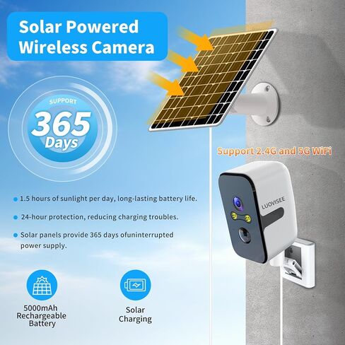 Luovisee 2.4/5G WiFi Cameras for Home Security with Solar Panel,Pan Rotating 180° Magnetic Security Camera Wireless,No Monthly Fee, Motion Detection,Work with Alexa,IP65 Weatherproof,Outdoor & Indoor in Kuwait