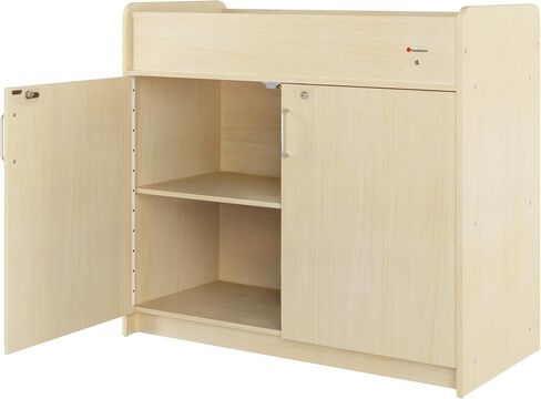 Foundations SafeGlide Daycare Changing Table w/Built-in Shelving, Natural | Durable Wood Construction, Ample Storage, Gliding Doors, Adjustable Safety Strap, Includes Changing Pad in Saudi Arabia