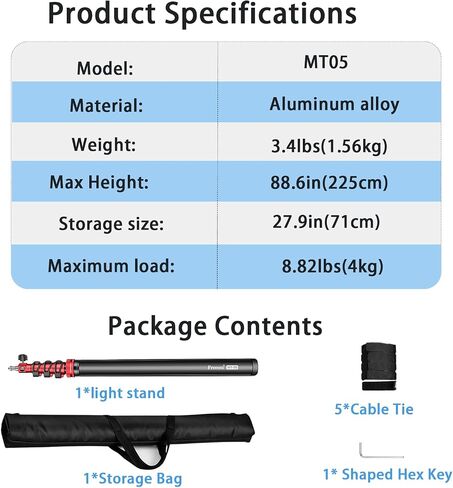 FreeSea MT-05 Heavy Duty Tripod, Aluminum Alloy Photography Light Stand | Fast Open-Close & Anti-Drop Spring Buffer, 32.9"-88.6" Adjustable Height, for Softbox, LED Light, Reflector, Flash in Kuwait