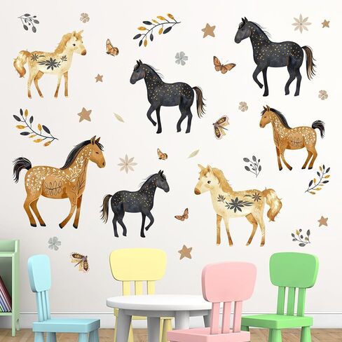 Mfault Boho Watercolor Horses Wall Decals Stickers, Black Gold Floral | Butterfly Equestrian Nursery Decorations Bedroom Art, Farmhouse Flower Baby Toddler Kids Room Playroom Decor in Kuwait