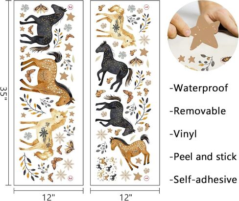 Mfault Boho Watercolor Horses Wall Decals Stickers, Black Gold Floral | Butterfly Equestrian Nursery Decorations Bedroom Art, Farmhouse Flower Baby Toddler Kids Room Playroom Decor in Kuwait