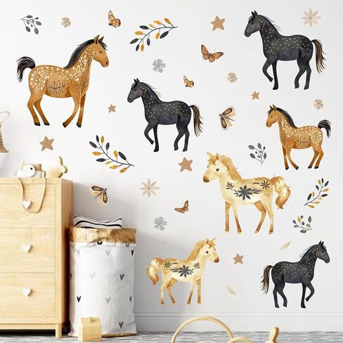 Mfault Boho Watercolor Horses Wall Decals Stickers, Black Gold Floral | Butterfly Equestrian Nursery Decorations Bedroom Art, Farmhouse Flower Baby Toddler Kids Room Playroom Decor in Kuwait