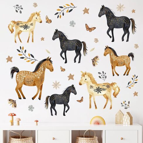Mfault Boho Watercolor Horses Wall Decals Stickers, Black Gold Floral | Butterfly Equestrian Nursery Decorations Bedroom Art, Farmhouse Flower Baby Toddler Kids Room Playroom Decor in Kuwait