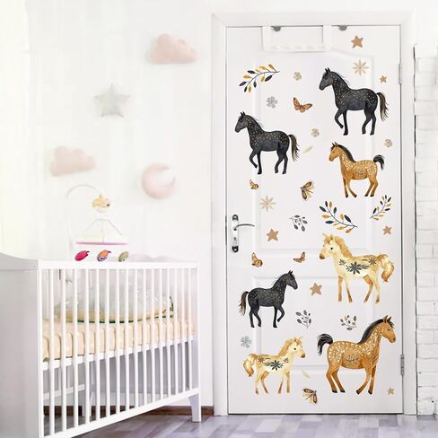 Mfault Boho Watercolor Horses Wall Decals Stickers, Black Gold Floral | Butterfly Equestrian Nursery Decorations Bedroom Art, Farmhouse Flower Baby Toddler Kids Room Playroom Decor in Kuwait
