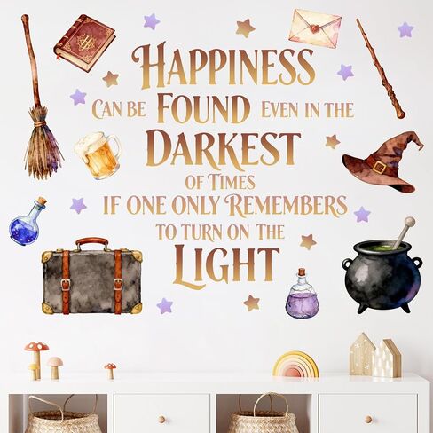 Mfault Happiness Can be Found Even in The Darkest Wall Decals Stickers | Magical Wizard Witch Hat Nursery Decoration Bedroom Art, Magic Cauldron Suitcase Potion Broom Book Baby Kids Room Playroom in Kuwait