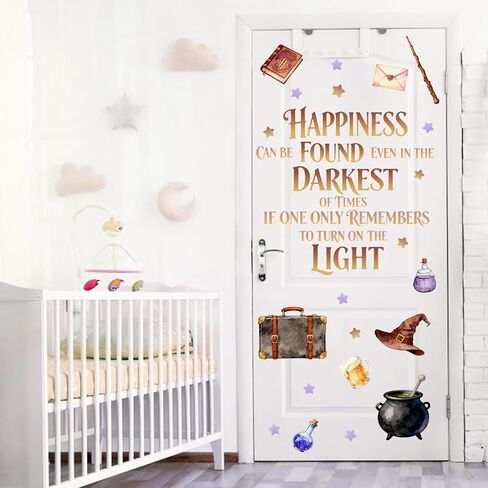 Mfault Happiness Can be Found Even in The Darkest Wall Decals Stickers | Magical Wizard Witch Hat Nursery Decoration Bedroom Art, Magic Cauldron Suitcase Potion Broom Book Baby Kids Room Playroom in Kuwait