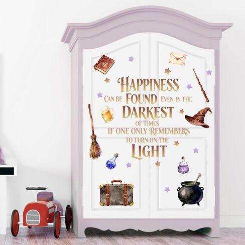 Mfault Happiness Can be Found Even in The Darkest Wall Decals Stickers | Magical Wizard Witch Hat Nursery Decoration Bedroom Art, Magic Cauldron Suitcase Potion Broom Book Baby Kids Room Playroom in Kuwait