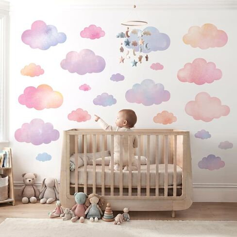 DECOWALL Pastel Watercolor Cloud Wall Stickers Decals for Kids (DS9-8099) | Pink, peach, lavender and blue sky decor for nursery, baby room or playroom; peel and stick, removable, repositionable in Kuwait
