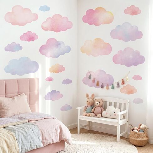 DECOWALL Pastel Watercolor Cloud Wall Stickers Decals for Kids (DS9-8099) | Pink, peach, lavender and blue sky decor for nursery, baby room or playroom; peel and stick, removable, repositionable in Kuwait