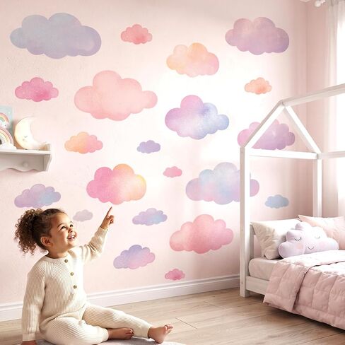 DECOWALL Pastel Watercolor Cloud Wall Stickers Decals for Kids (DS9-8099) | Pink, peach, lavender and blue sky decor for nursery, baby room or playroom; peel and stick, removable, repositionable in Kuwait