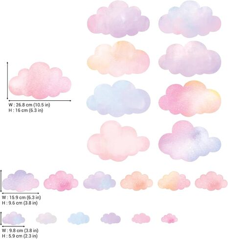 DECOWALL Pastel Watercolor Cloud Wall Stickers Decals for Kids (DS9-8099) | Pink, peach, lavender and blue sky decor for nursery, baby room or playroom; peel and stick, removable, repositionable in Kuwait