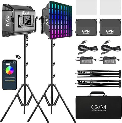GVM RGB Photography Lighting Kits with 2 Softboxes, 680RS 50W Studio Lights with Bluetooth Control, 2 Packs Video Light with 18 Lighting Scenes, led Panel Lights for Video Recording, 8500lux/0.5m in Kuwait