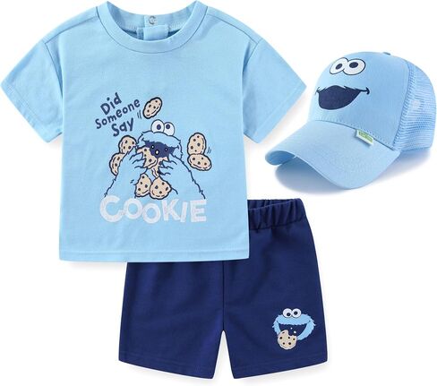 Sesame Street Cookie Monster Baby Boys Short Sleeve T-Shirt with Hat and Shorts 3 Piece Set for Infant in Kuwait