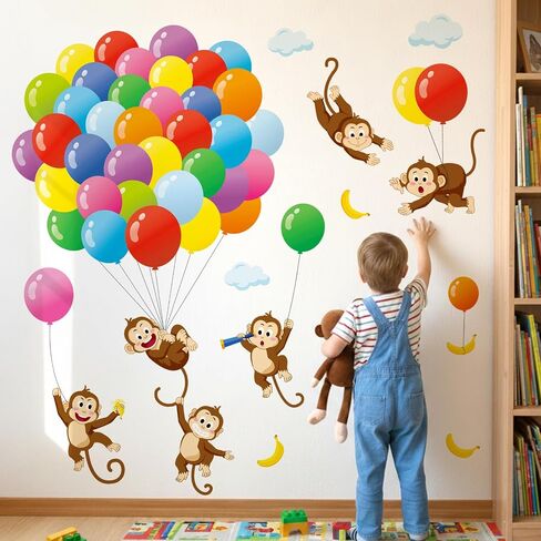 DCOWALL SG-2202 Balloons and Monkeys Wall Decals Stickers Kids Peel and Stick Removable Nursery Bedroom décor Room air hot Living Baby Decoration Art playroom Animals Girls Cloud Colorful Home in Kuwait
