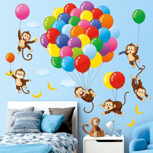 DCOWALL SG-2202 Balloons and Monkeys Wall Decals Stickers Kids Peel and Stick Removable Nursery Bedroom décor Room air hot Living Baby Decoration Art playroom Animals Girls Cloud Colorful Home in Kuwait