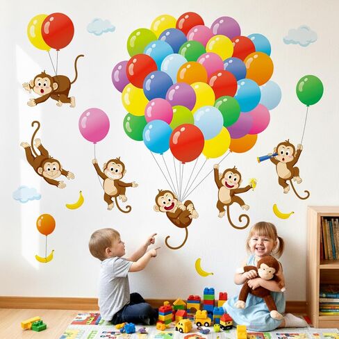 DCOWALL SG-2202 Balloons and Monkeys Wall Decals Stickers Kids Peel and Stick Removable Nursery Bedroom décor Room air hot Living Baby Decoration Art playroom Animals Girls Cloud Colorful Home in Kuwait