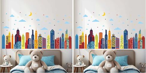 Colorful City Skyline Wall Stickers - City Building Silhouette Wall Decals - Boys Nursery Kids Bedroom Living Room Wall Decor in Kuwait