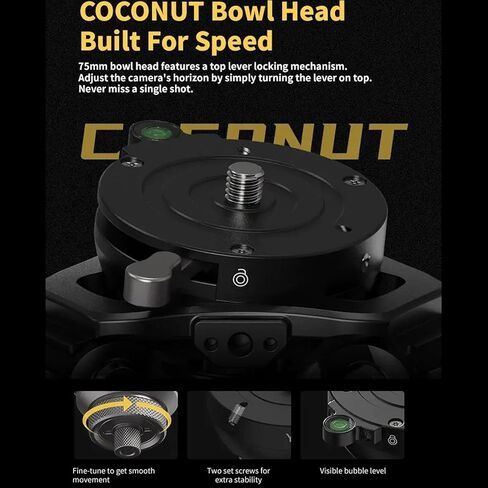 YC Onion PINETA Peak Carbon Fiber Tripod with Coconut 75mm Bowl Head+FH75S Fluid Head, 35kg/77lbs Payload with Bowl Head, Adjustable Legs, One Step Release Travel Camera Tripod for Mirrorless, DSLR in Kuwait